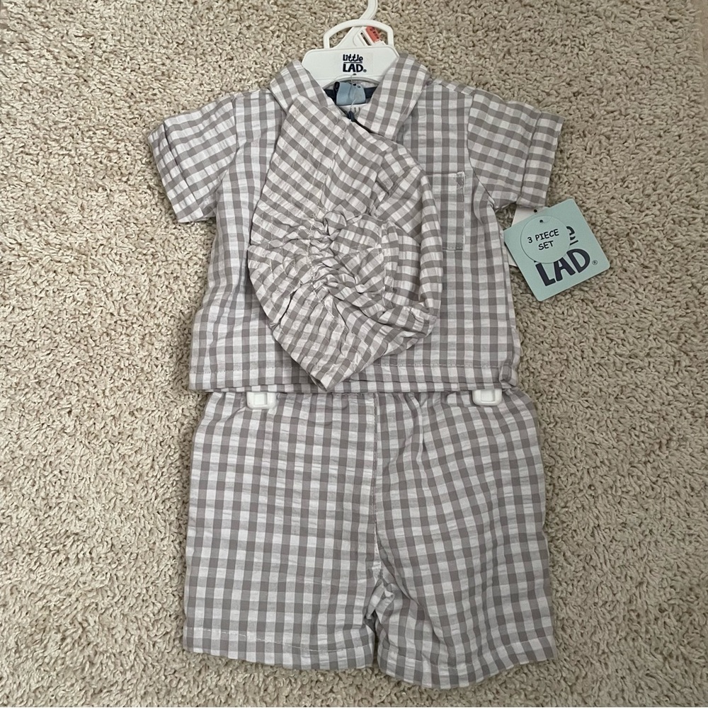 Little Lad Baby Boy 3 piece white and gray checkered outfit set size 0/3M NWT